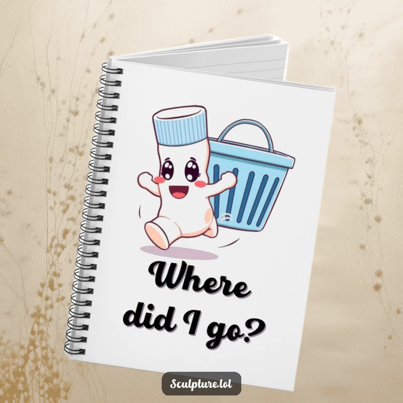 Funny notebook cover with a sock escaping a laundry basket, perfect for jotting down notes with a humorous touch.