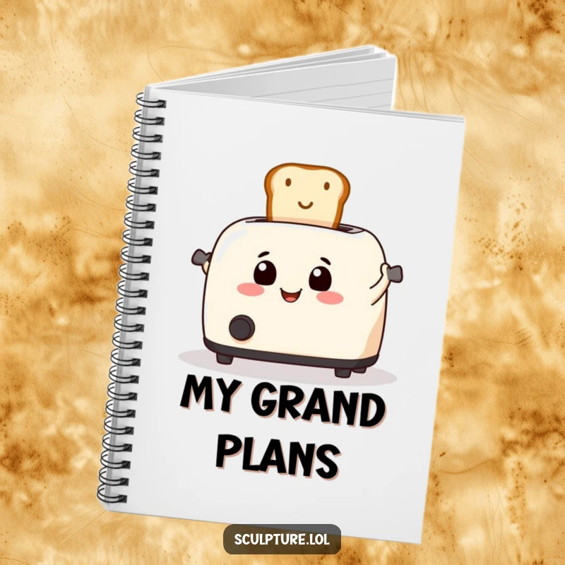 Funny toaster launching toast on a notebook cover, ready for ideas.