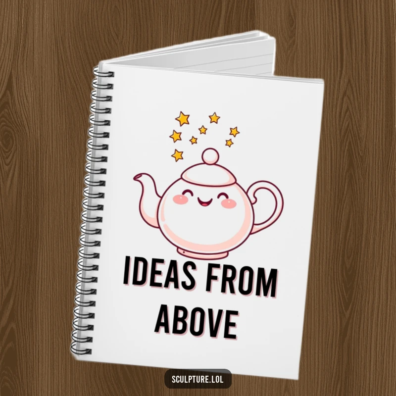 Funny notebook cover adorned with a cheerful teapot pouring a stream of stars, encouraging creative thoughts.