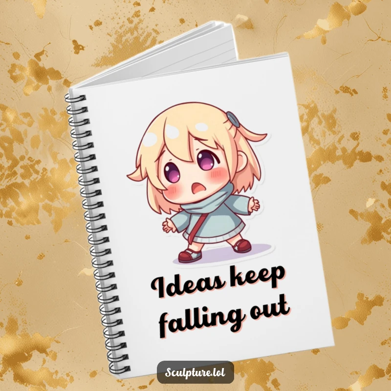 Funny notebook cover with a surprised resin character comically losing its balance, inspiring humorous notes.