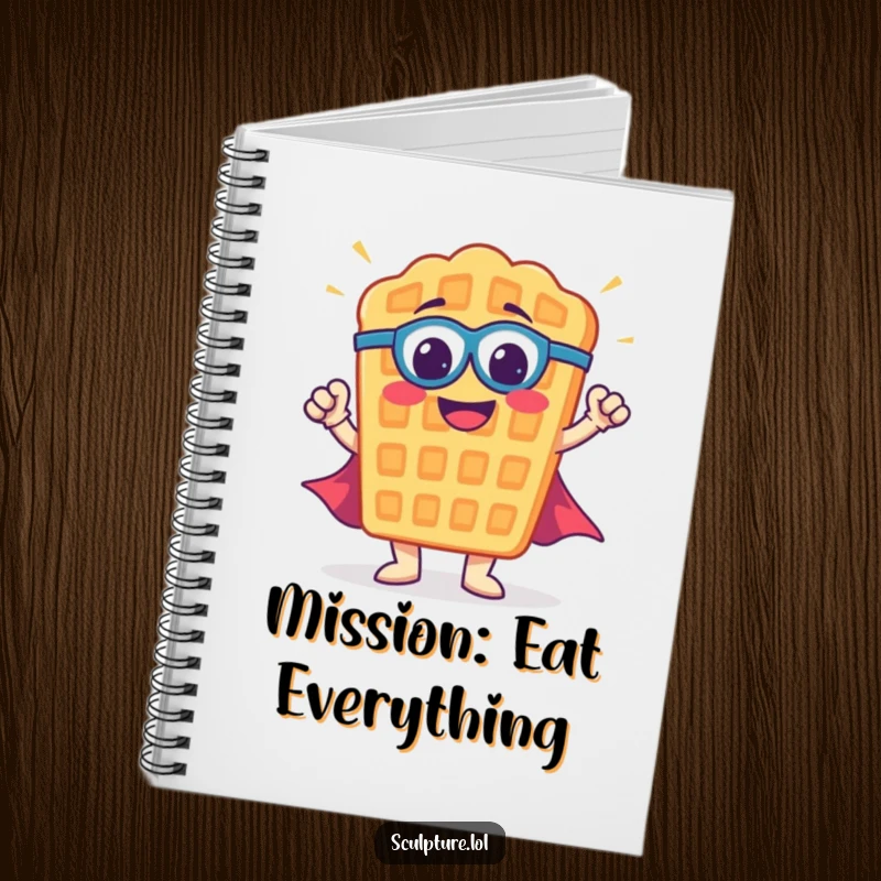 Funny waffle notebook with a smiling waffle superhero character striking a heroic pose on the cover, ready for notes.