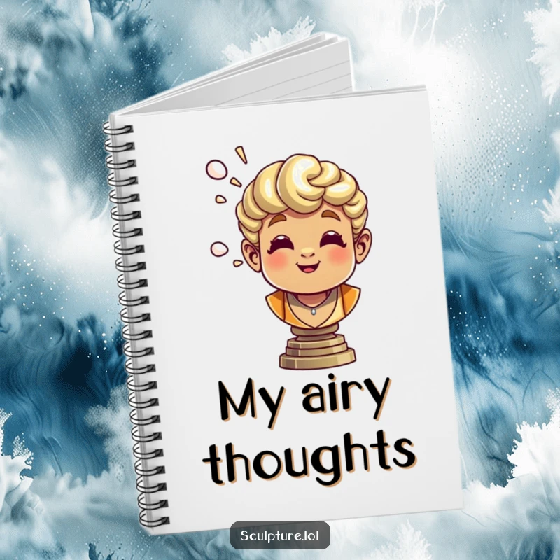 Funny bronze bust notebook with a cheerful sculpture blowing air, ideal for jotting down artistic ideas.