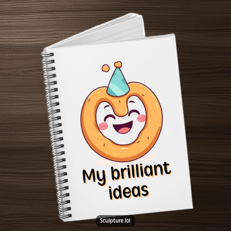 Funny notebook cover featuring a grinning pretzel character sporting a comically small party hat, ideal for jotting down funny thoughts.