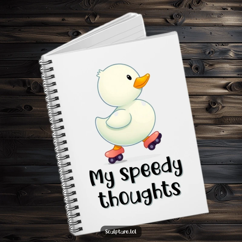 Funny bouncing rubber ducky wearing tiny roller skates on a notebook cover.