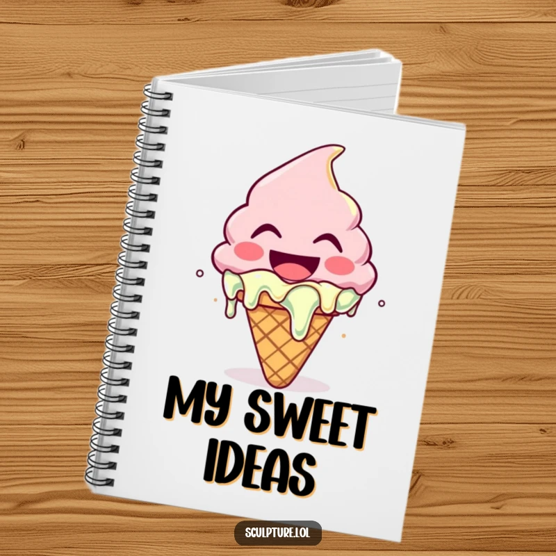 Funny notebook with a laughing melting ice cream cone character, ideal for jotting down sweet thoughts and ideas.
