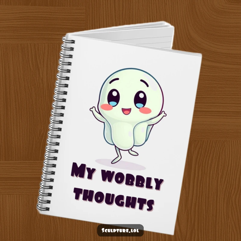 Funny notebook with a wobbling jelly character doing a jig, ideal for jotting down notes with a dose of playful, jiggly energy.
