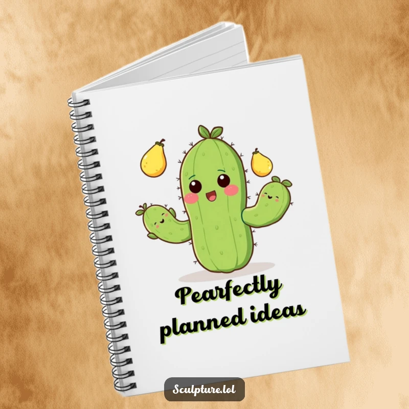 Funny notebook cover featuring a cheerful cactus juggling prickly pears, ideal for writing notes with a humorous theme.