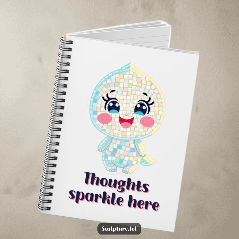Funny notebook with a joyful mosaic character made of tiny shimmering pieces, inspiring bright and creative writing.
