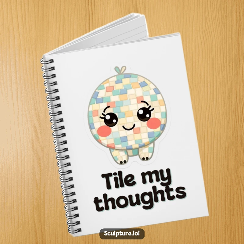 Funny notebook cover displaying a curious mosaic character made of tiny, smiling tiles, symbolizing creative exploration and artistic expression.