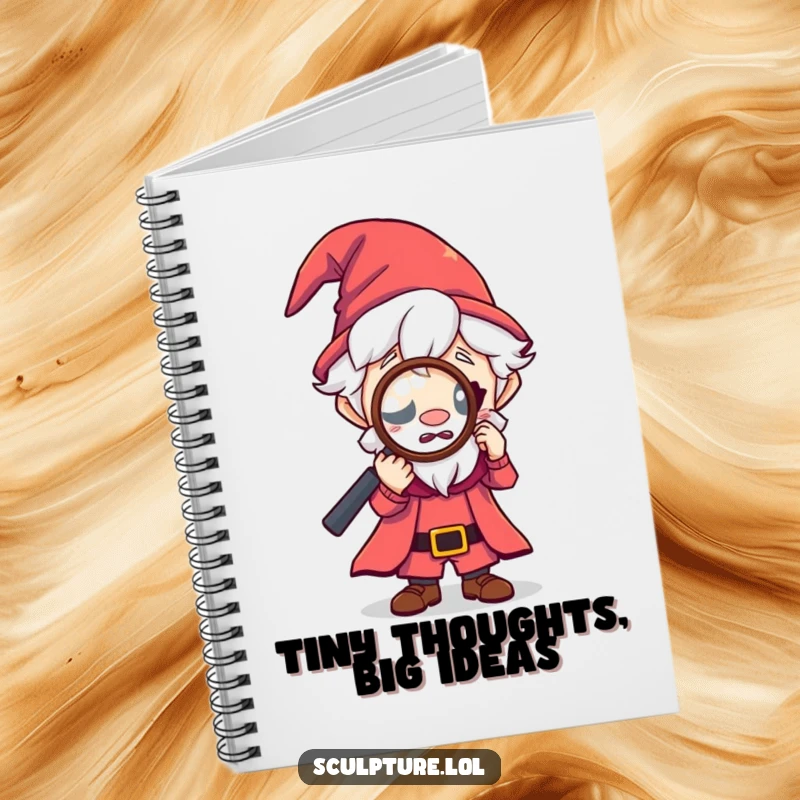 Funny tiny wizard notebook, curious character looking through magnifying glass, magical journaling, inquisitive note-taking, perfect funny gift.