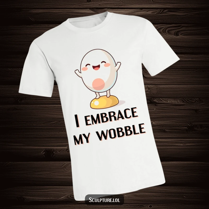 Funny t-shirt showcasing a brightly colored abstract character gleefully wobbling on its base with a cheerful expression.