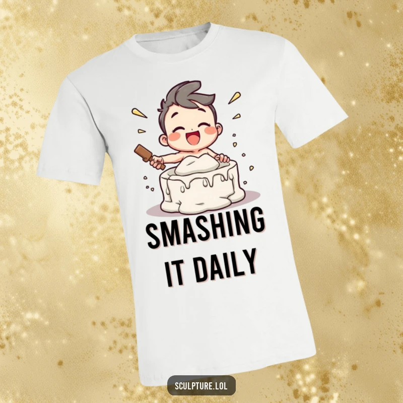 Funny t-shirt showing a joyful character gleefully smashing a plaster mold, representing liberation and energetic celebration, a great funny gift.