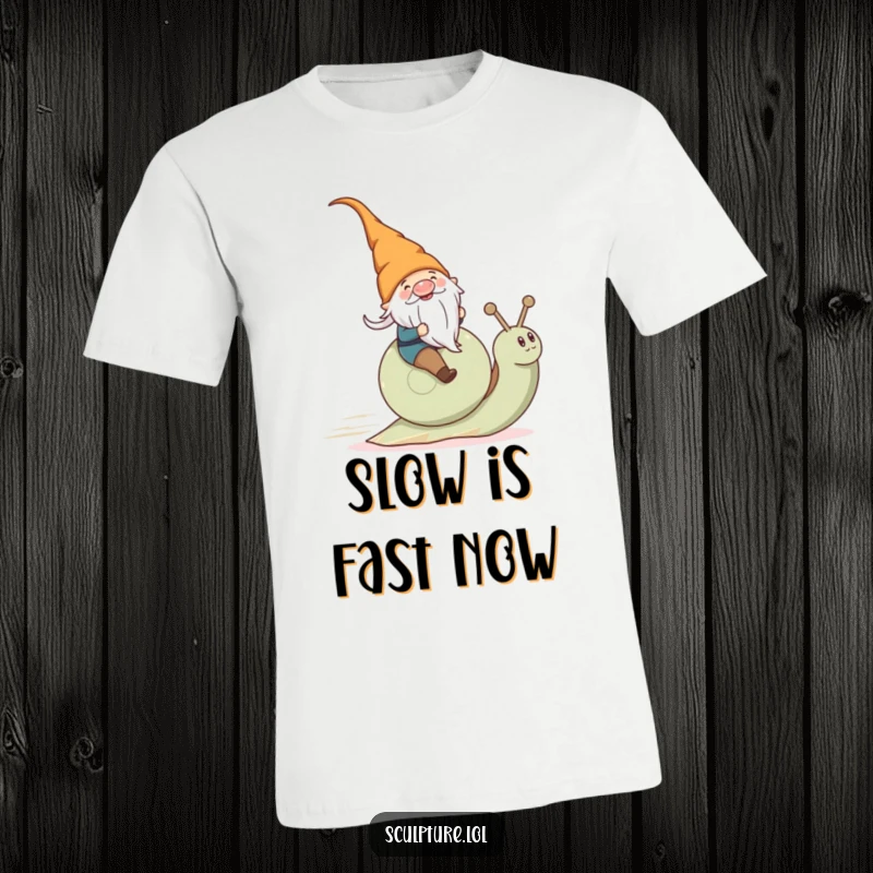 Funny gnome joyfully riding a speeding snail, shown on a comfortable t-shirt, great for casual wear.
