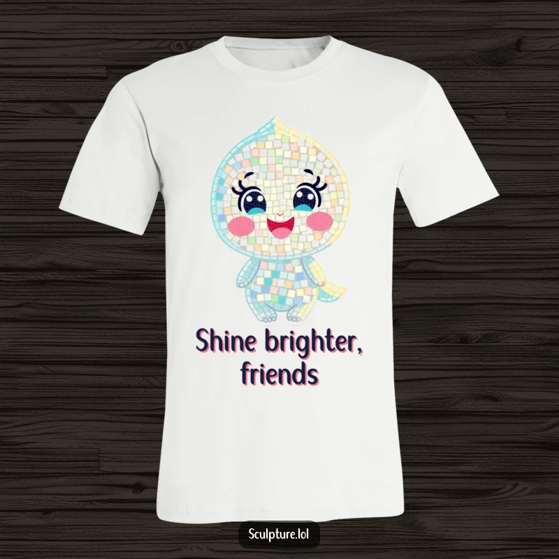 Funny t-shirt displaying a joyful mosaic character made of minuscule shimmering pieces, exuding vibrant positive energy.
