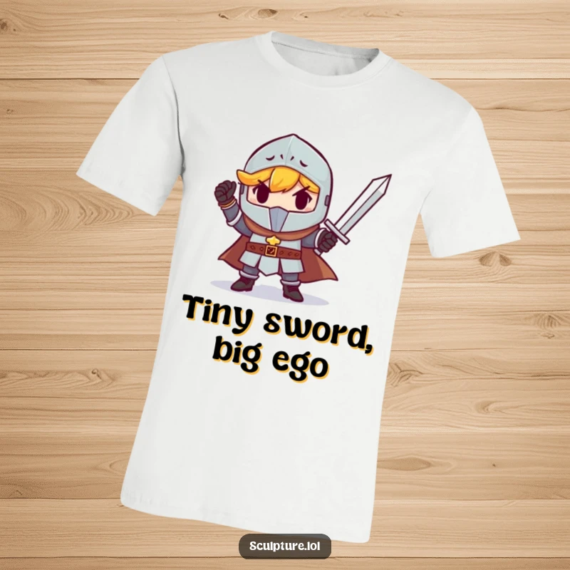 Funny small knight standing determined, triumphantly holding a miniature sword. A heroic and humorous t-shirt.