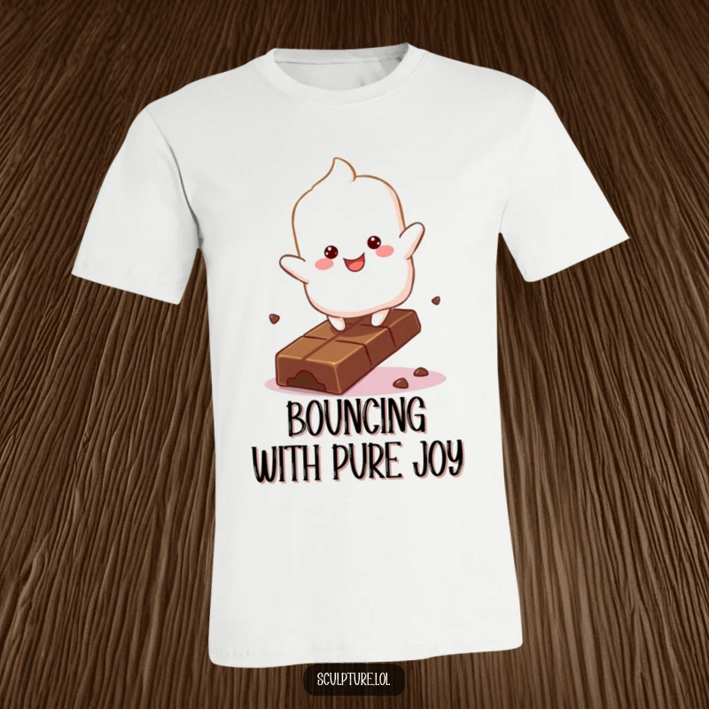 Funny fluffy marshmallow character t-shirt bouncing with glee on a chocolate bar, sweet and cheerful graphic.