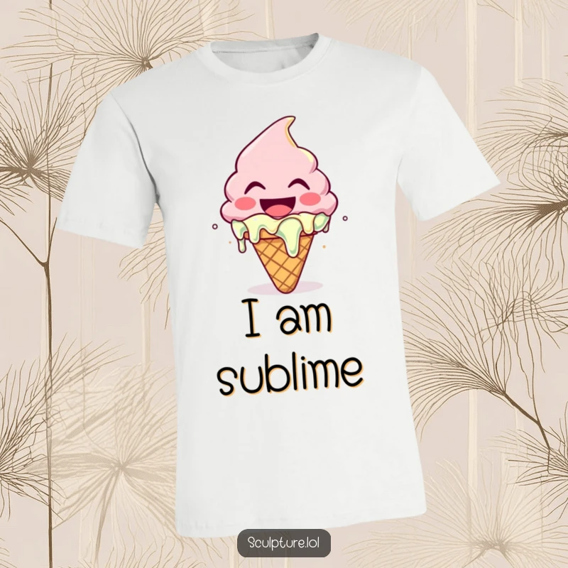 Funny t-shirt with a giggling melting ice cream cone character, embodying pure summer joy and sweet indulgence.