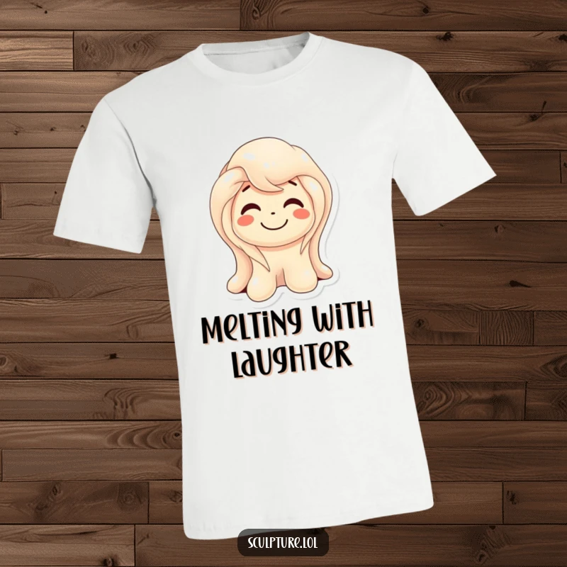Funny melting wax sculpture t-shirt showing a character in a state of amused liquefaction, celebrating quirky art.