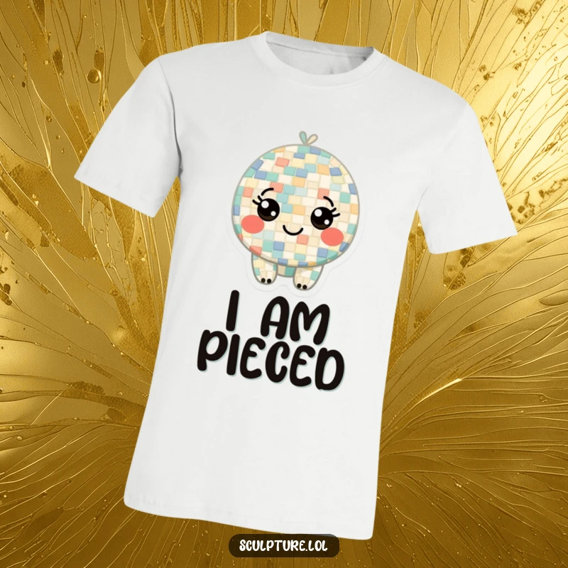 Funny t-shirt displaying a curious mosaic character made of colorful tiles, its tiny smiling eyes brimming with playful wonder and cheerful curiosity.
