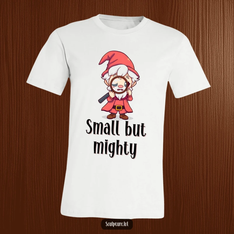 Funny tiny wizard t-shirt, curious character looking through magnifying glass, magical exploration humor, enchanting graphic tee, great funny gift.