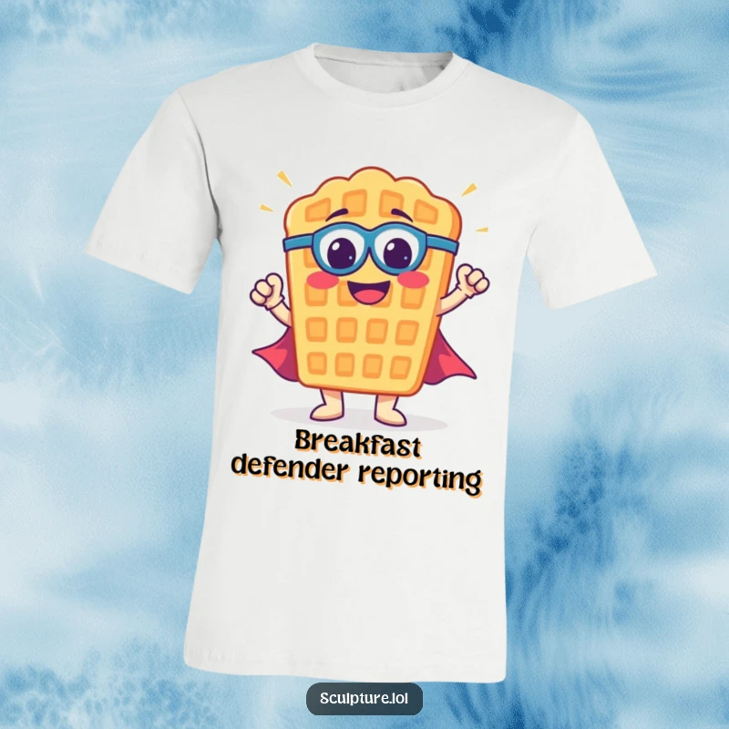 Funny waffle t-shirt showcasing a smiling, caped waffle character striking a confident superhero pose, embodying breakfast bravery.