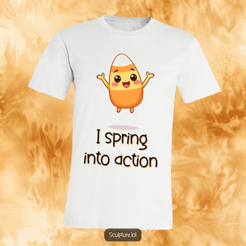 Funny t-shirt depicting a happy candy corn character in mid-air, executing a silly and joyful leap with excitement.