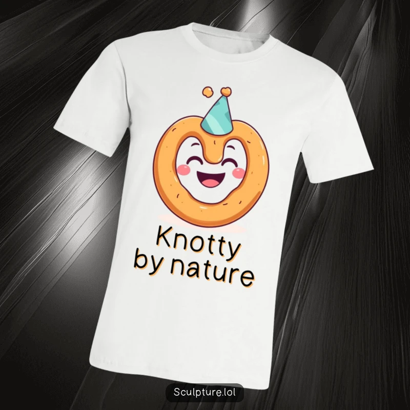 Funny t-shirt showcasing a grinning pretzel character joyfully sporting a tiny, tilted party hat, embodying pure, carb-fueled celebration.