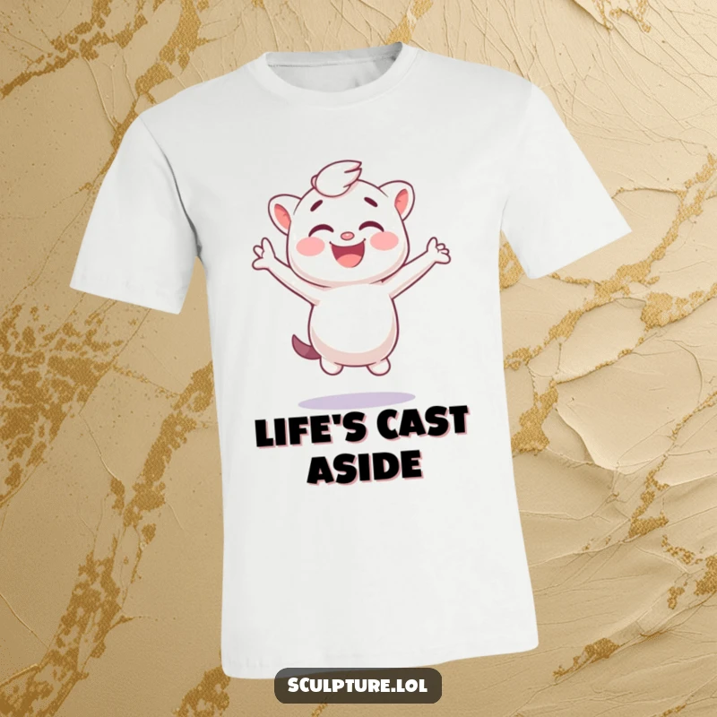 Funny plaster cast t-shirt showing a giggling character jumping sideways with glee, perfect for art enthusiasts.