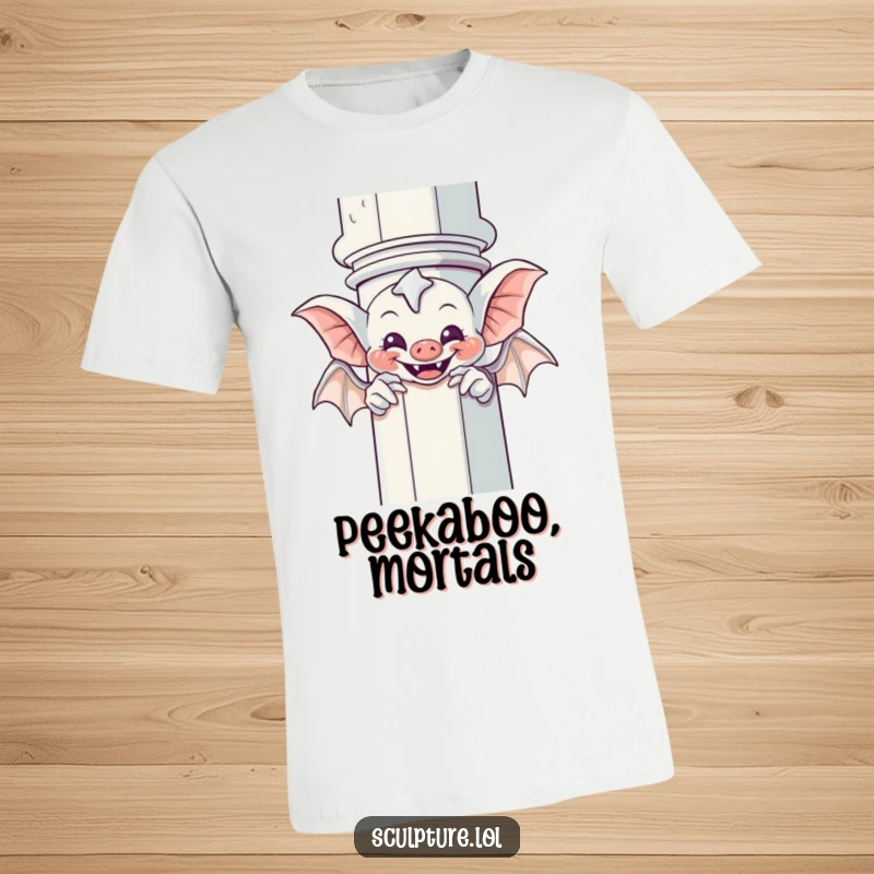 Funny Gargoyle T-Shirt: A giggling gargoyle plays peek-a-boo from behind a column, offering a humorous and mischievous design.