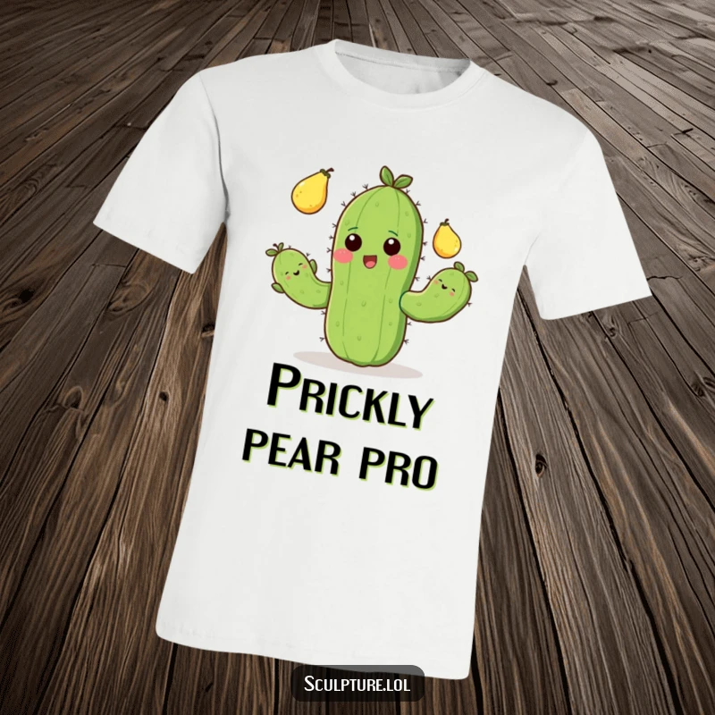 Funny t-shirt featuring an ecstatic cactus with stubby limbs expertly juggling prickly pears, a vibrant and cheerful design.