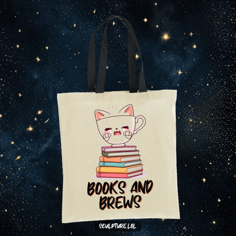 Funny tote bag displaying a startled teacup character with tiny paws, balancing on books, perfect for carrying essentials.
