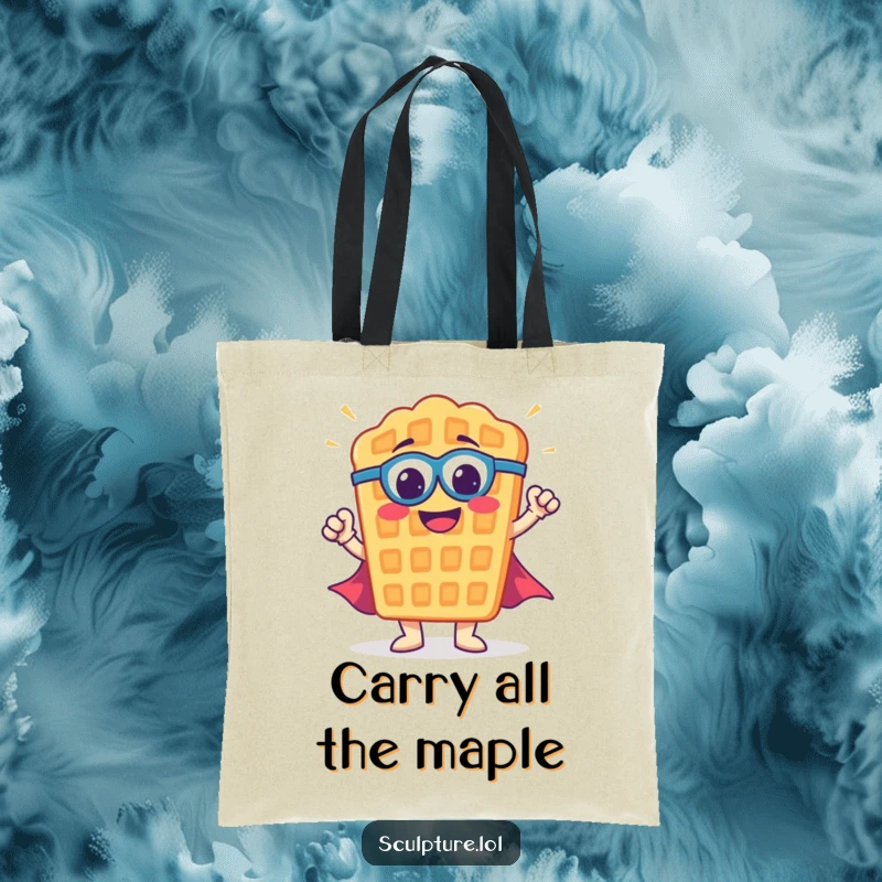 Funny waffle tote bag with a smiling superhero waffle character striking a powerful pose, perfect for carrying groceries or heroism.