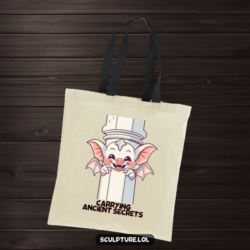 Funny Gargoyle Tote Bag: A giggling gargoyle humorously peeks from behind a column, a stylish and funny accessory.