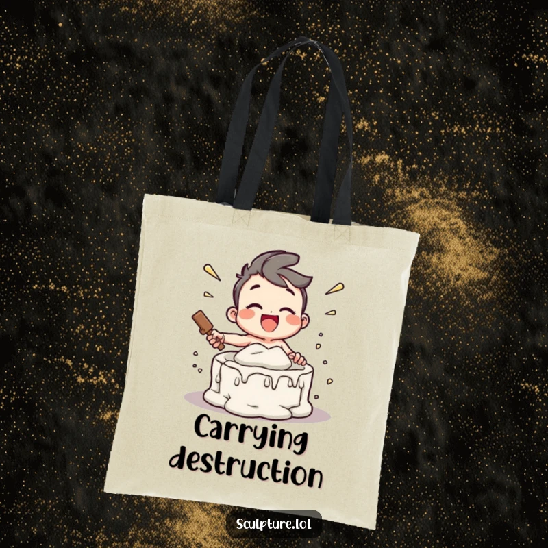 Funny tote bag depicting a joyful character enthusiastically breaking apart a plaster mold, perfect for carrying items with a symbolic message.