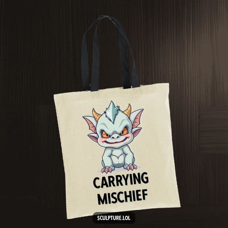 Funny tote bag depicting a mischievous gargoyle making a funny face, a humorous and practical accessory for carrying everyday items with personality.