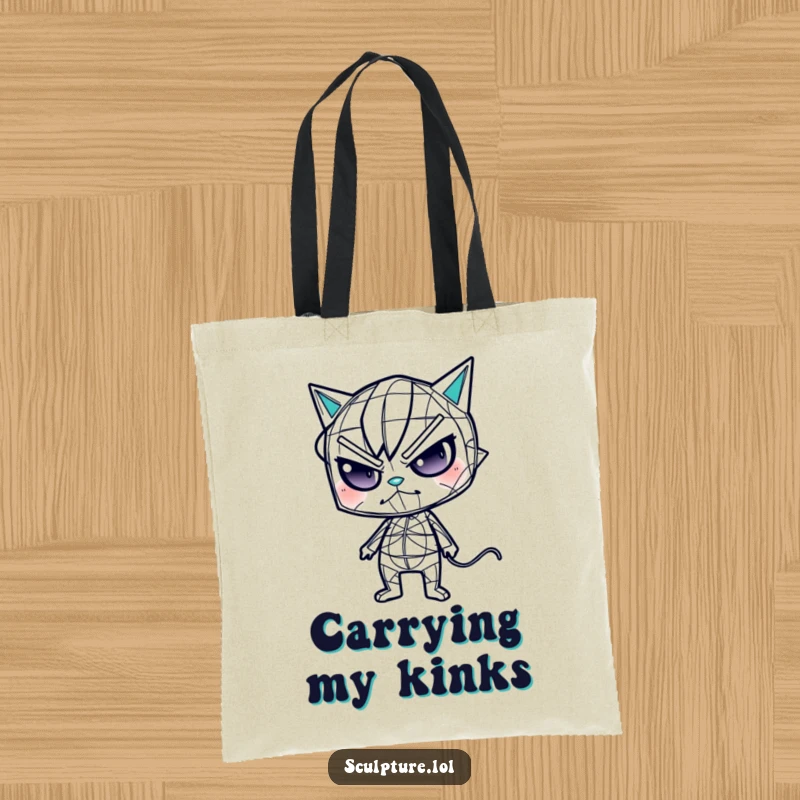 Funny wireframe tote bag featuring a mischievous character in an odd, artistic pose, great for quirky shopping.