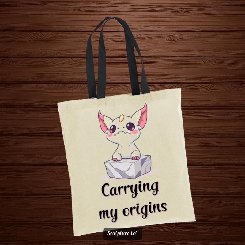 Funny tote bag depicting a bizarre creature emerging from marble, a humorous and practical accessory for carrying art supplies and daily items.
