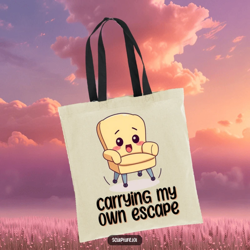 Funny tote bag illustrating a surprised chair with wheels spinning out of control, perfect for carrying items with humor.