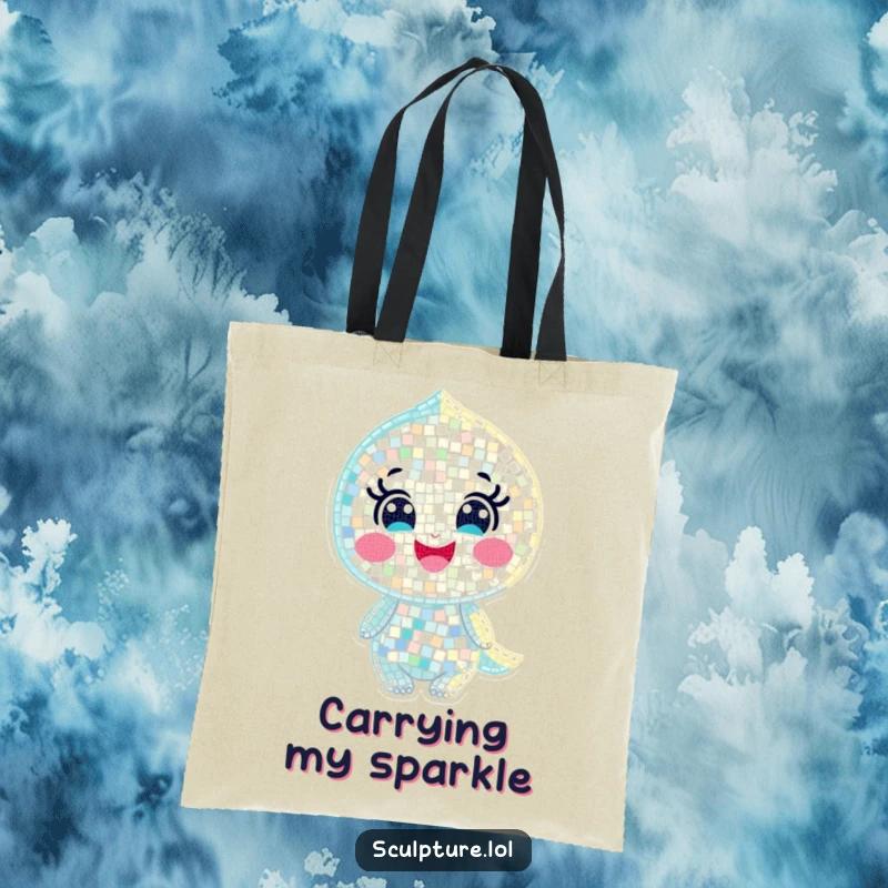 Funny tote bag showcasing a joyful mosaic character composed of tiny shimmering pieces, perfect for carrying in style.