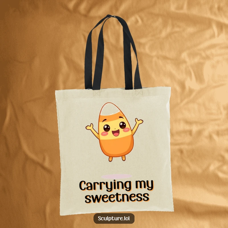 Funny tote bag with a happy candy corn character doing a silly, energetic leap, perfect for carrying items with a Halloween twist.