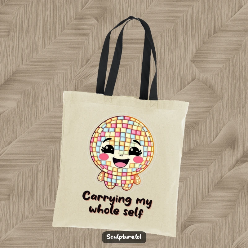 Funny tote bag with a grinning mosaic character made of shimmering, happy tiles, ideal for art supplies.