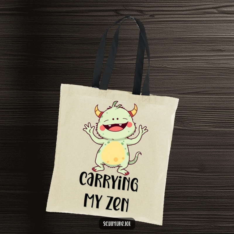 Funny tote bag showcasing a whimsical monster striking a comical yoga pose, a quirky accessory for daily use.