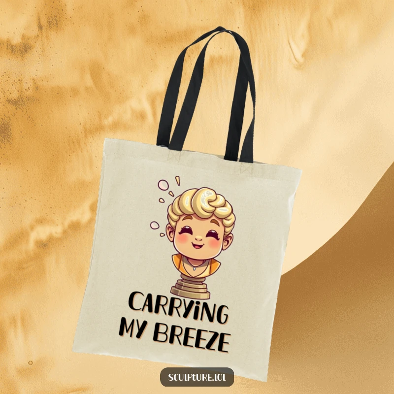 Funny bronze bust tote bag featuring a cheerful sculpture blowing air, great for art lovers.