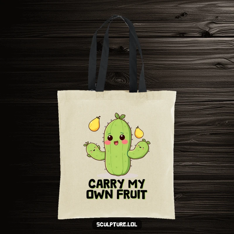 Funny tote bag showcasing a happy cactus juggling prickly pears, a practical and humorous accessory for carrying daily items.