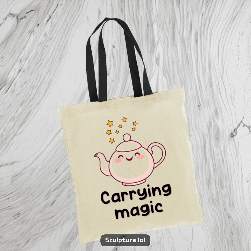 Funny tote bag with a cheerful teapot pouring stars, a charming accessory for carrying daily essentials with sparkle.
