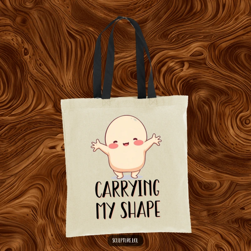 Funny tote bag showcasing a playful clay blob character in a comical stretched shape, a quirky accessory.