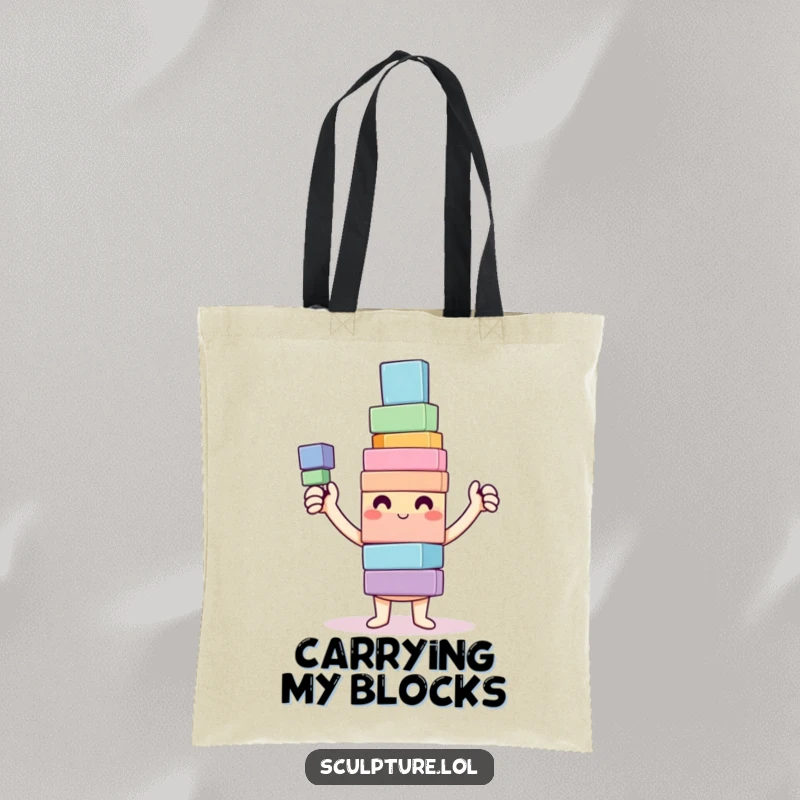Funny Tote Bag with a happy character proudly presenting a colorful, wobbly tower of blocks, great for carrying supplies.