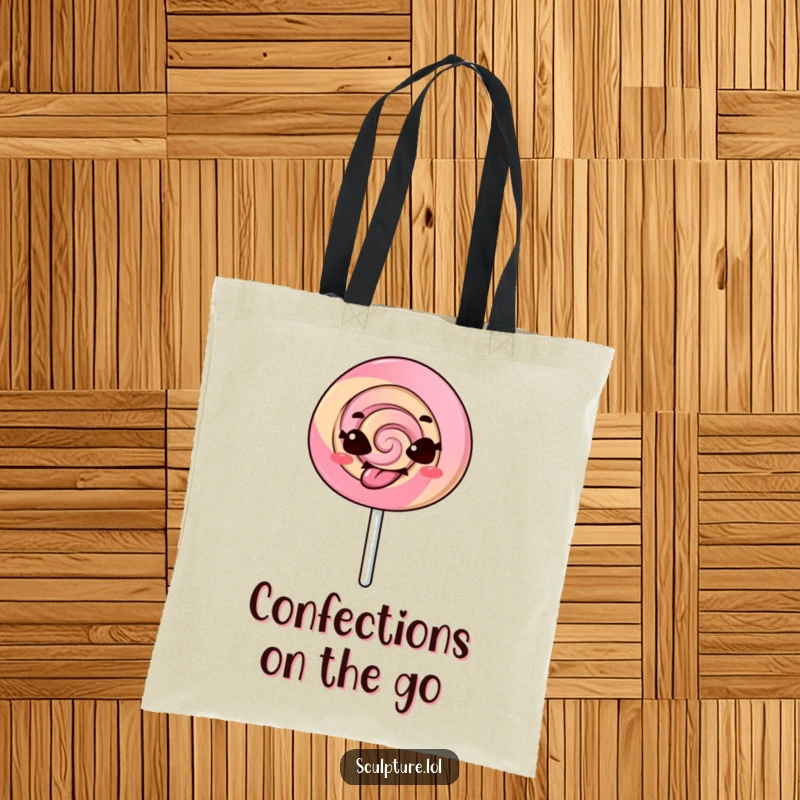 Funny tote bag with a mischievous lollipop character comically sticking its tongue out, perfect for carrying items with a dose of sweet sass.