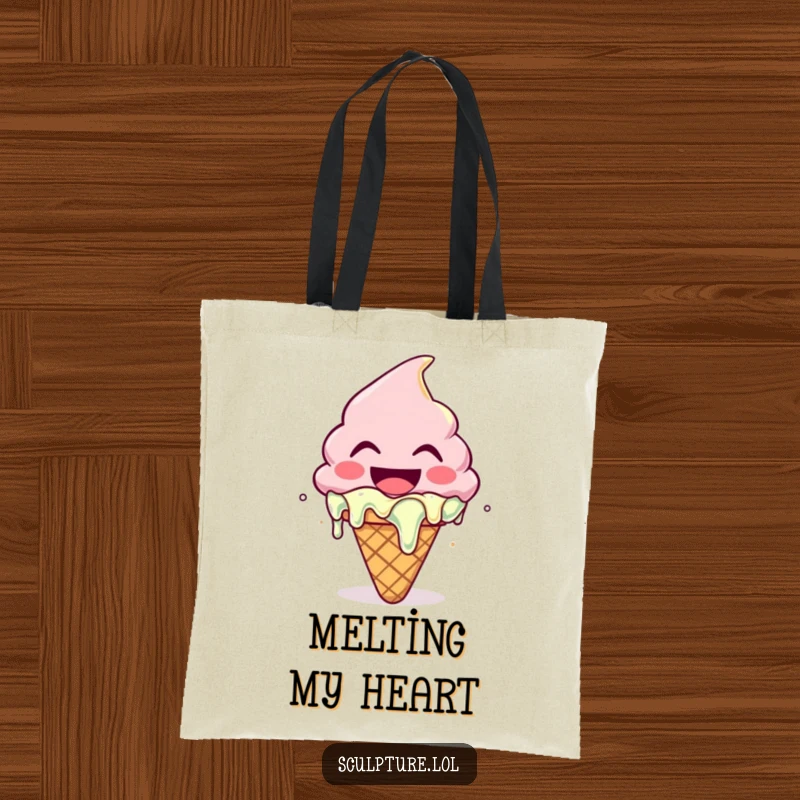 Funny tote bag showcasing a gleefully melting ice cream cone character, perfect for carrying treats and smiles.