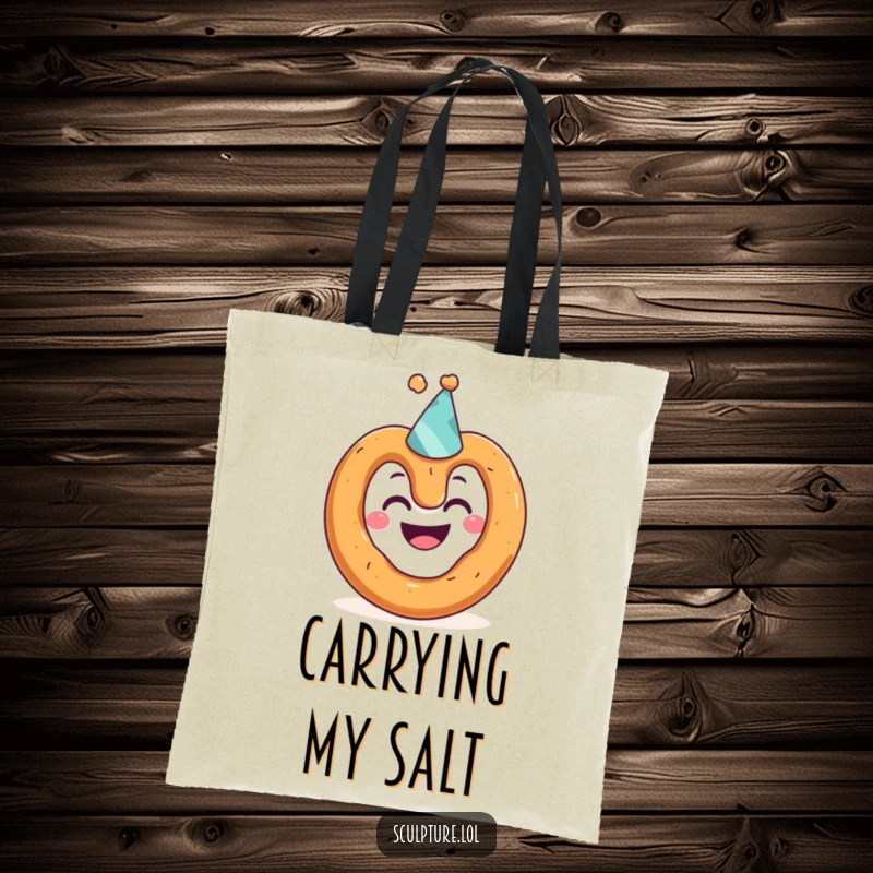 Funny tote bag with a grinning pretzel character wearing a tiny party hat, perfect for carrying essentials with a side of humor.